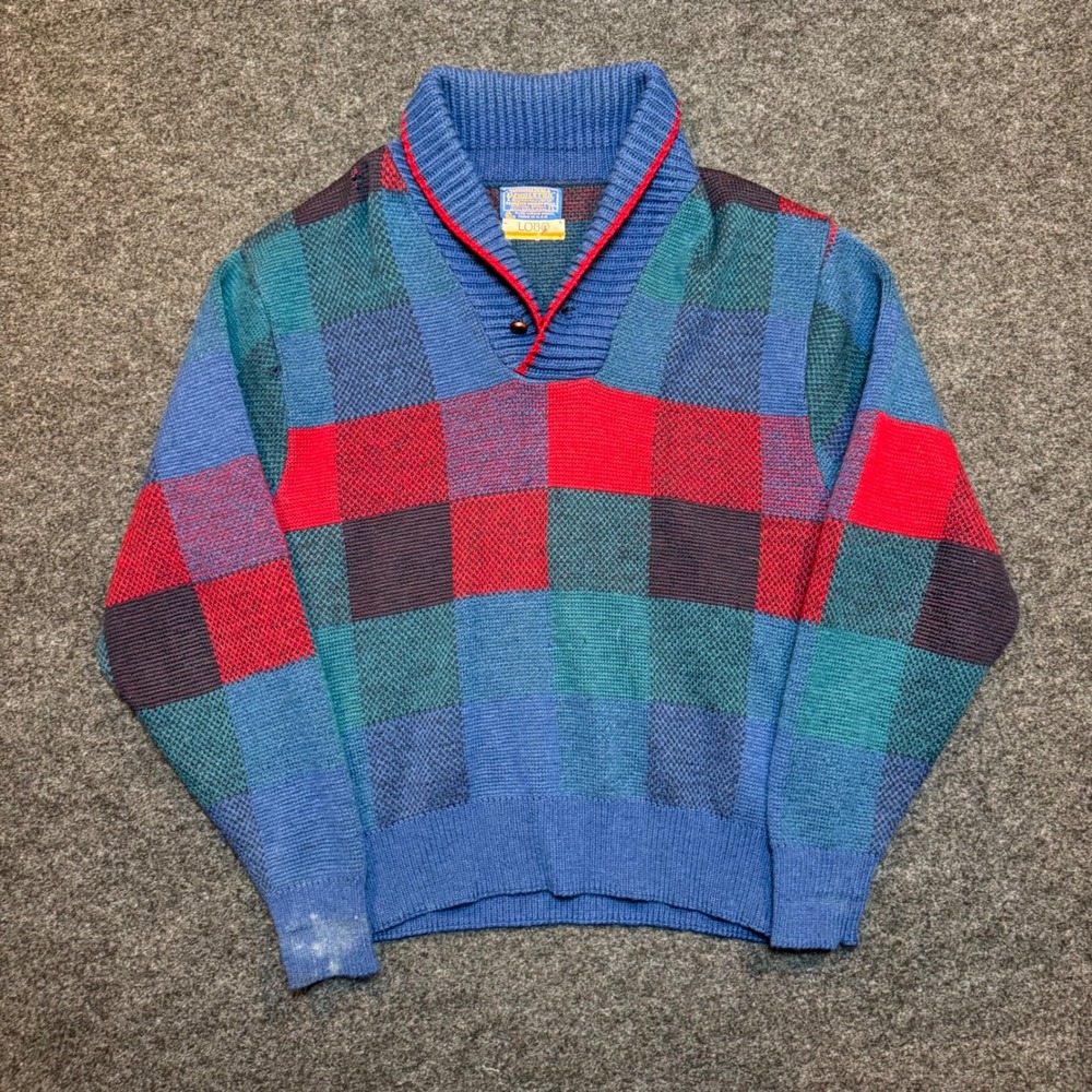 Pendleton Lobo Vintage Wool Sweater Plaid Shawl Collar Blue Red Mens Large USA